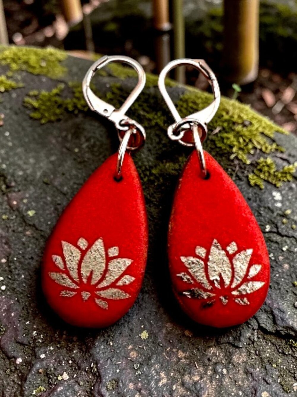 Red Czech Glass Lotus Earrings Double-Sided Teardrop Dangle Leverback Handmade